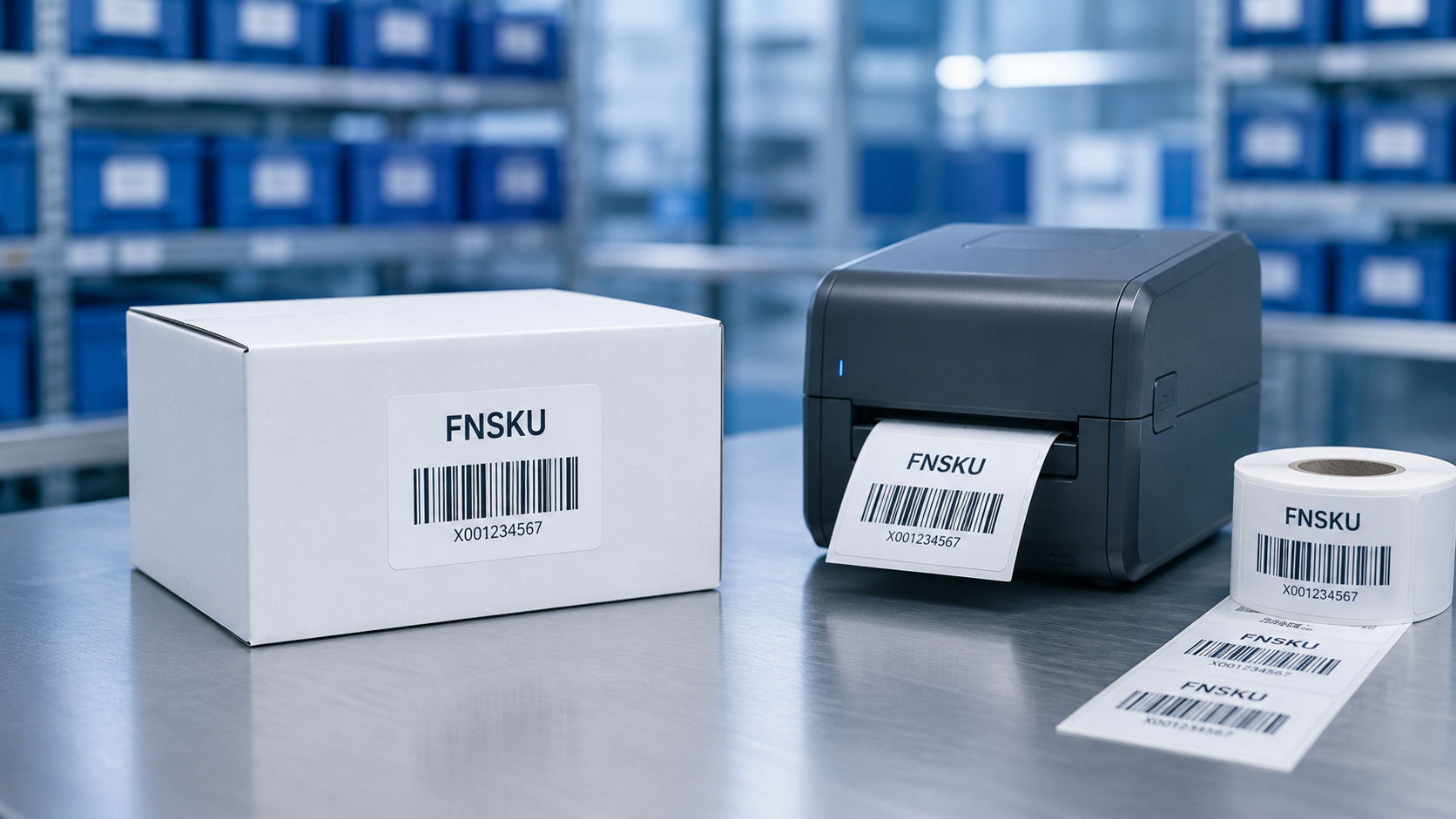 FNSKU Etiketten auf Produktkarton und Etikettendrucker